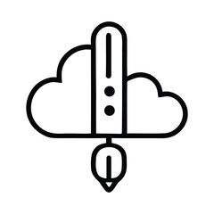 Stylized cloud with a vertical server and a rocket below in a simple black and white line drawing