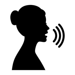 Woman silhouette speaking icon on transparent background. Minimalist communication icon for representing voice, speech, communication, podcasts, audio technology, or customer service