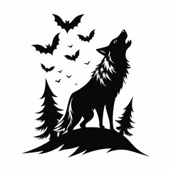 Obraz premium wolf howling with bats flying around silhouette