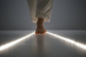 Bare feet walking carefully on illuminated line, minimalistic style, calm atmosphere, focus on balance and mindfulness, soft lighting, indoor setting, close up view