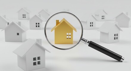 Searching for the Perfect Home Real Estate Market Analysis Concept with Magnifying Glass and House Models