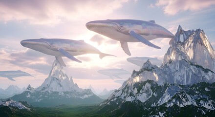 Two whales flying over snowcapped mountains under a pastel sky