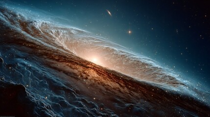 Serene and ethereal view of galaxy viewed edge on, glowing core, swirling cosmic dust, deep space, stars, and nebula create sense of wonder and tranquility