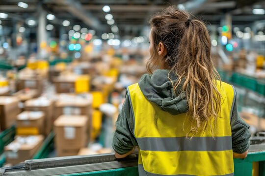 Warehouse worker logistics reverse logistics woman safety vest package distribution supply chain industrial environment. woman yellow safety vest observes busy warehouse filled with packages