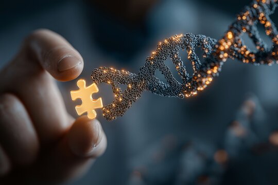 Scientist hand holding glowing puzzle piece fitting into DNA strand, symbolizing genetic engineering, innovation, and biotechnology in laboratory environment