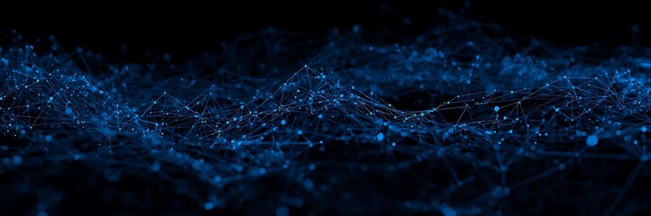 Abstract dark blue network connection with glowing dots, representing modern technology and digital communication in a futuristic design on black background