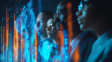 Team of business analysts in sleek futuristic office, focused on digital data visualization, technology, and innovation, with dynamic and determined atmosphere