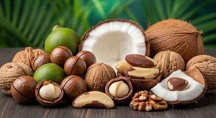 Assortment of Fresh Nuts and Coconuts on a Wooden Surface with Greenery Background.