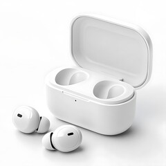 A close up shot of white wireless earbuds with a charging case on a white background in a studio setting