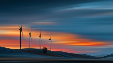 Wind turbine renewable energy landscape sunset sky silhouette hill clean energy dramatic peaceful. Wind turbines stand rolling hills vibrant sunset sky creating serene and sustainable energy scene