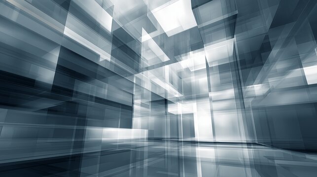 Abstract geometric background with overlapping transparent layers, modern architecture style, cool blue tones, and dynamic light reflections create futuristic and energetic atmosphere