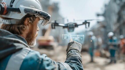 Engineer construction site drone augmented reality helmet safety vest technology futuristic digital interface outdoor. An engineer operates drone using augmented reality technology futuristic