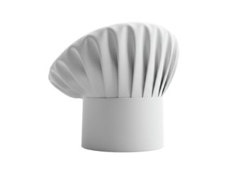 transparent chef's hat with pleated structure and crisp fabric stands upright, subtle textures visible, isolated on a seamless studio background with copy space, concept of culinary excellence