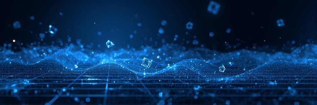 Abstract blue digital data wave and network connection technology background with dot and grid structure, futuristic concept for cyberspace and ai - Powered by Adobe