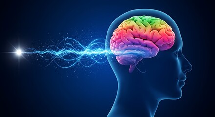 Human Brain Conceptual Illustration With Neural Activity and Streamlined Thoughts Shining Against a Dark Blue Background