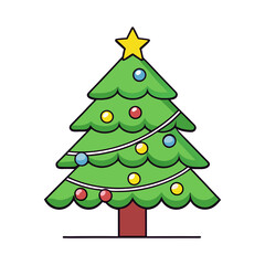 Cartoon christmas tree vector illustration with star ornaments and string lights clip art design element