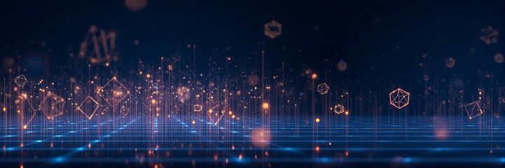 Abstract digital data wave and network connection technology background with dot and grid structure, futuristic concept for cyberspace and ai