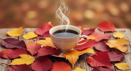 Autumn Coffee Cup with Colorful Leaves - Cozy Fall Scene.