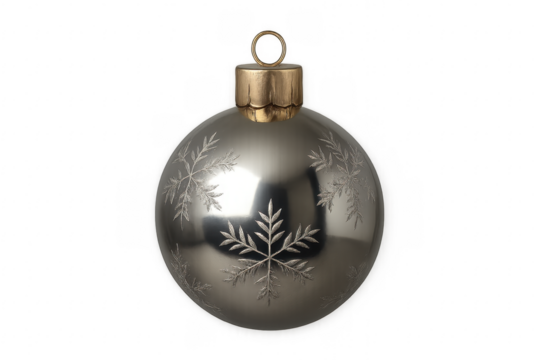 Silver christmas ball with snowflakes hanging on transparent background - Powered by Adobe