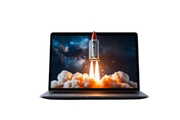 a laptop showing a rocket launching, representing technology, business, and also a creative expression and modern design.