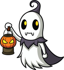 ghost holding pumpkin lantern vector clean white