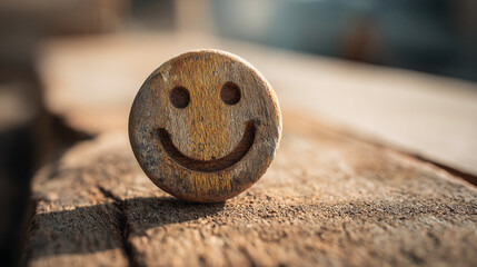Close up of a wooden smiley face on a weathered wooden surface in soft natural light outdoors