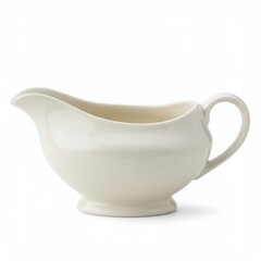 Elegant antique white ceramic gravy boat with a handle and spout isolated on a white background