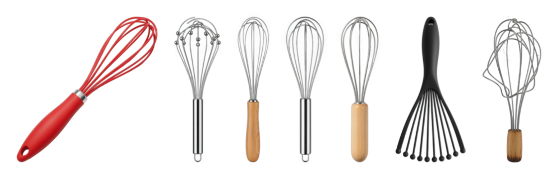 Kitchen whisks set including balloon, flat, and ball styles in stainless steel, silicone, and wood isolated. Baking and cooking tools collection.