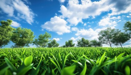 Obraz premium Vibrant Green Grass, Lush Trees, And Blue Sky With White Clouds In A Scenic Low Angle View Captured Outdoors.