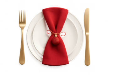 Christmas Table Setting with Golden Cutlery and Red Napkin on Transparent Background