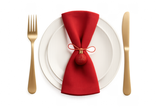 Christmas Table Setting with Golden Cutlery and Red Napkin on Transparent Background