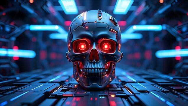 Futuristic cybernetic skull with glowing red eyes in a neon lit sci fi corridor