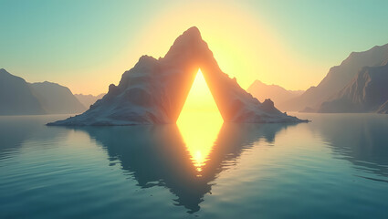 A majestic mountain with a triangular opening reflects in the calm lake at sunset