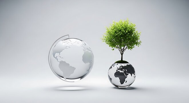 Green earth concept crystal globe with growing tree symbolizing sustainability and eco-friendly growth