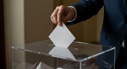 Person casting a ballot into a transparent ballot box during an election.