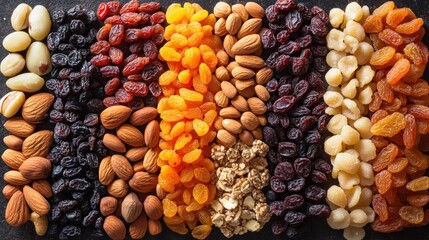 Variety of nuts and dried fruits food background