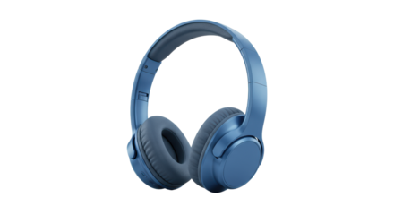 A single sleek modern blue over-ear wireless headphone with metallic blue earcups and plush fabric cushions, on a transparent high-key studio background, concept of advanced audio technology