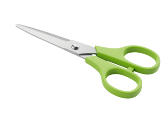 High-quality modern scissors with polished silver blades and vibrant lime green handles, on a transparent background with soft studio lighting, concept of precision and innovative solutions