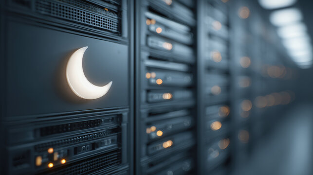 Sleep mode server rack moon icon glow, data center corridor, cool tone, low light, quiet mood, technology calm, network uptime