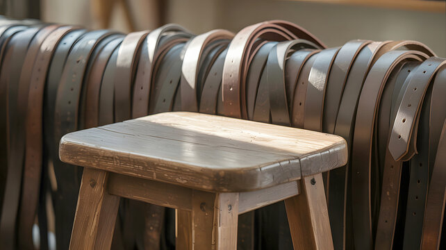 Leather belts neatly arranged with a wooden stool in a rustic workshop setting during daylight hours