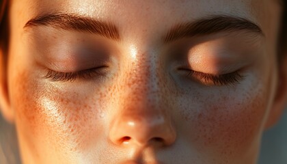 Obraz premium Natural Beauty: Close Up Of A Female Face With Closed Eyes, Perfect Skin, Free Of Make-Up. Emphasizing Cosmetology, Skin Care, And Spa Treatments. Macro Shot.