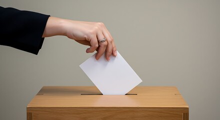A person's hand inserting a ballot into a wooden ballot box, casting their vote.