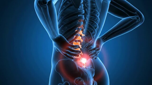 Back Pain Radiating in Lower Spine Area, X-Ray View of Human Body with Lumbar Pain, Anatomical View of Back Pain and Bone Structure