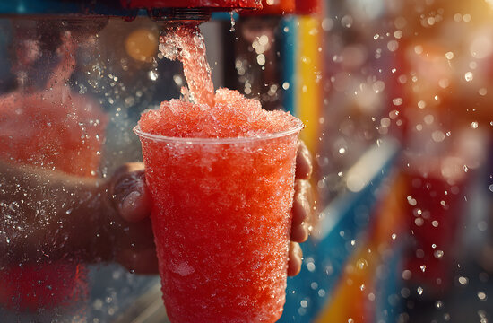 Red slushy drink poured from a colorful machine intoa clear plastic cup. Handspull lever on dispenser crating icy, juicy summer rereshment. Carnival beverag.