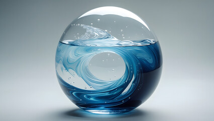 Transparent glass sphere filled with swirling blue water, isolated on white background, minimal clean illustration, abstract water globe design