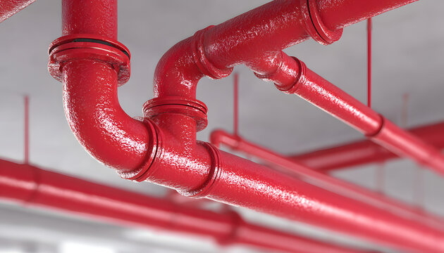 Bright red sprinkler pipes and sprinkler heads instaled on a ceiling. Fire supression system ensures safty, protection against potntial fire hazards in builing, indoor infrastructure