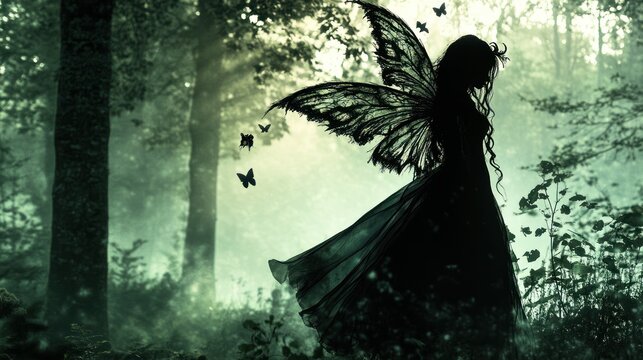 Silhouetted fairy in a misty forest