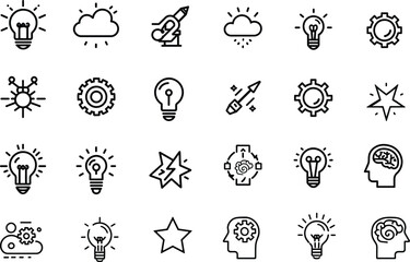 Collection of black and white line art icons depicting ideas innovation and creative thinking concepts