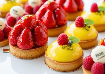 Closeup of assorted mini fruit tarts with fresh strawberries and raspberries on a white surface