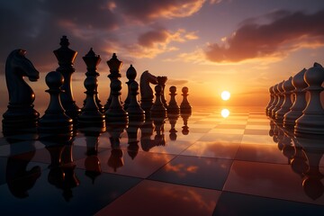 Futuristic Chess Pieces on Reflective Chessboard with Sunset Clouds in 3D Digital Art